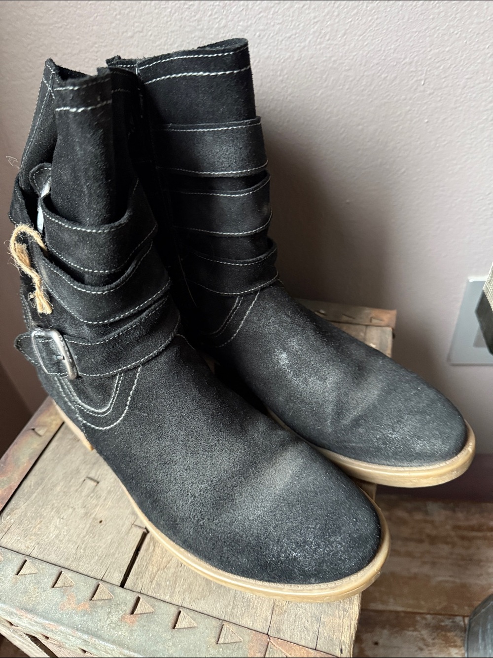 Women's Black Suede Ankle Booties with Buckle Strap Detail